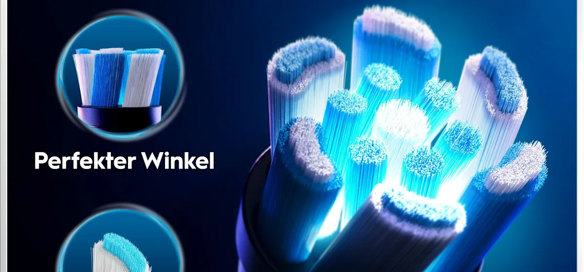 Oral-B iO6 elektrische Zahnbürste mit Verpackung, die geführte Reinigung mit der App hervorhebt, damit keine Stelle ausgelassen wird. Mit Made in Germany Anhänger.