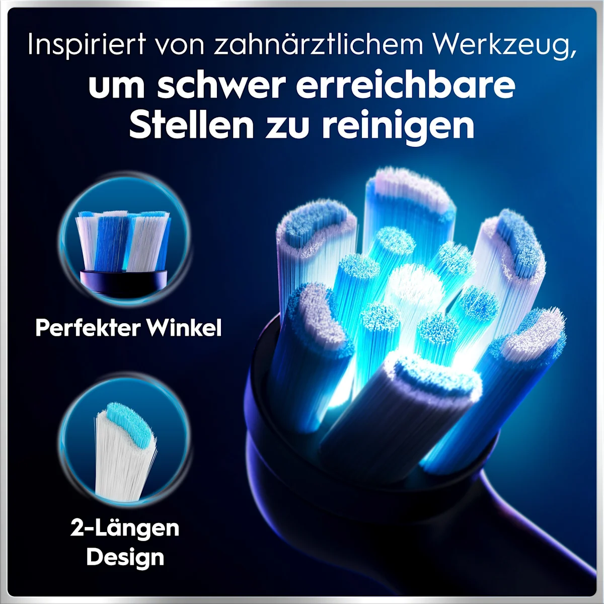 Oral-B iO6 elektrische Zahnbürste mit Verpackung, die geführte Reinigung mit der App hervorhebt, damit keine Stelle ausgelassen wird. Mit Made in Germany Anhänger.