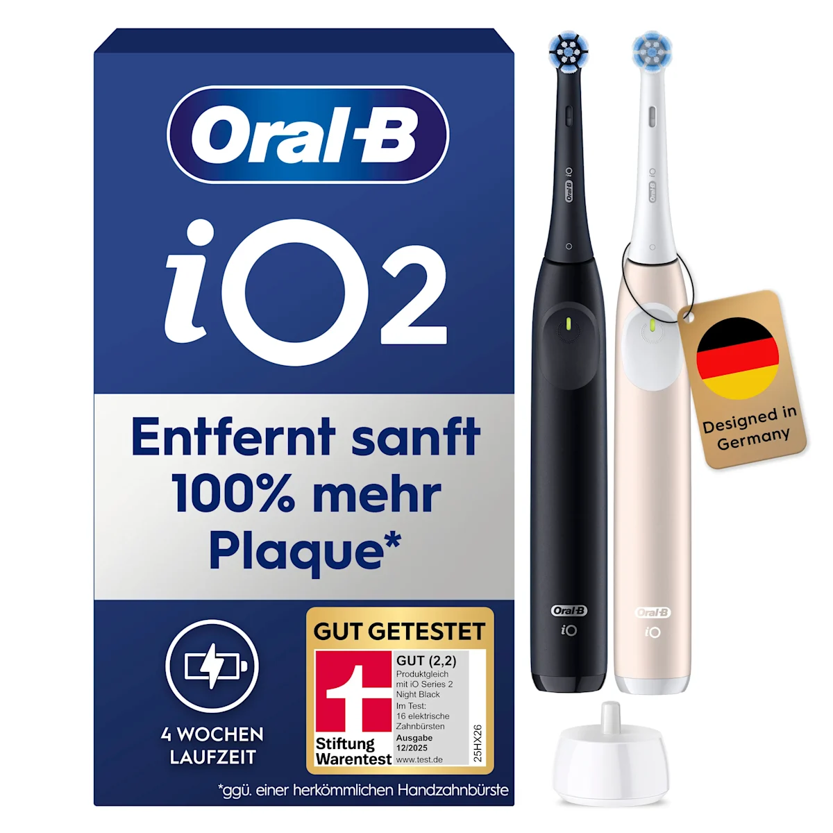Oral-B iO Series 2 Zahnbürste, Verpackung mit dem Hinweis auf 100% sauberere Zähne im Vergleich zu einer herkömmlichen Handzahnbürste