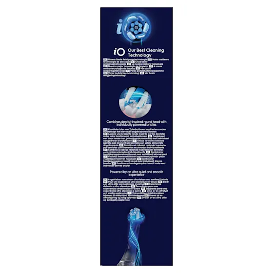 Oral-B iO3 elektrische Zahnbürste mit Verpackung, die die 360° visuelle Andruckkontrolle zur Schonung des Zahnfleisches hervorhebt. Mit Made in Germany Anhänger.