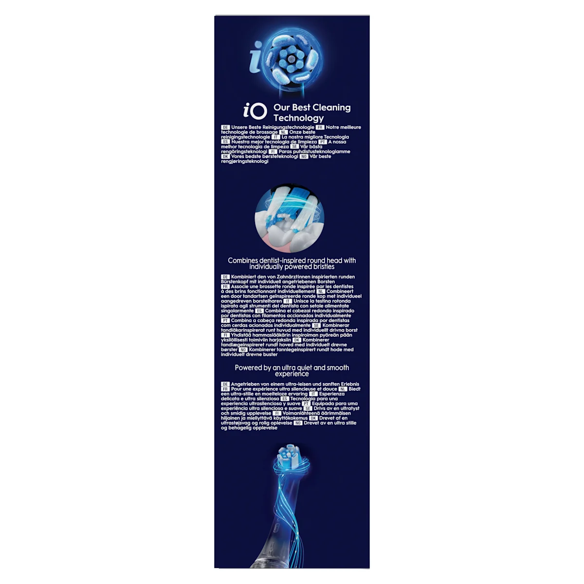Oral-B iO3 elektrische Zahnbürste mit Verpackung, die die 360° visuelle Andruckkontrolle zur Schonung des Zahnfleisches hervorhebt. Mit Made in Germany Anhänger.