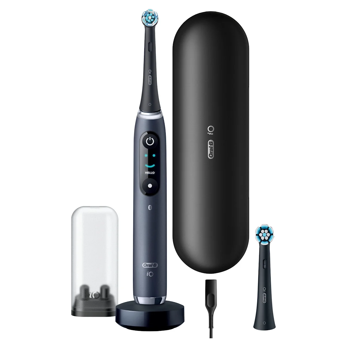 Oral-B iO9 Zahnbürste mit Verpackung, Reise-Etui mit Schnellladestation und „Made in Germany“ Anhänger.