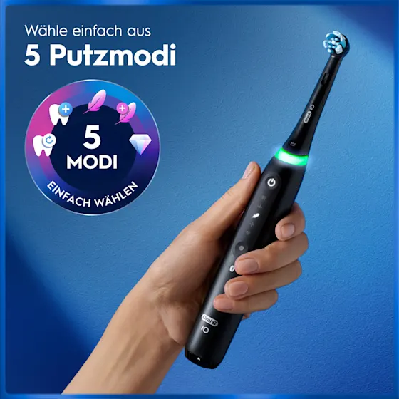 Oral-B iO5 Zahnbürste e mit Verpackung, die 5 Putzmodi fÃ¼r eine personalisierte Reinigung hervorhebt.