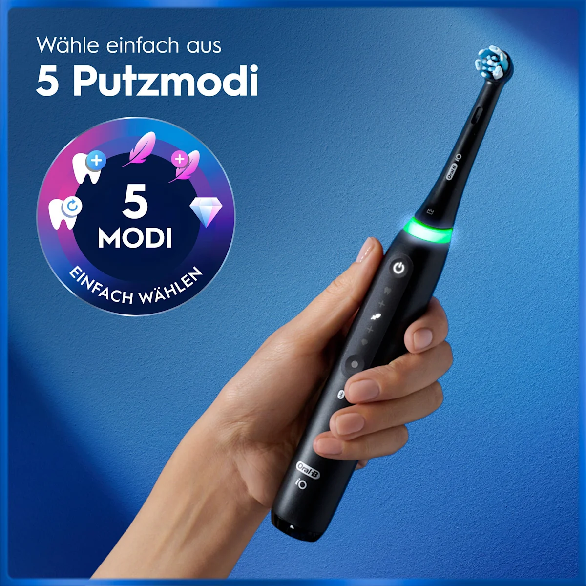 Oral-B iO5 Zahnbürste e mit Verpackung, die 5 Putzmodi für eine personalisierte Reinigung hervorhebt.