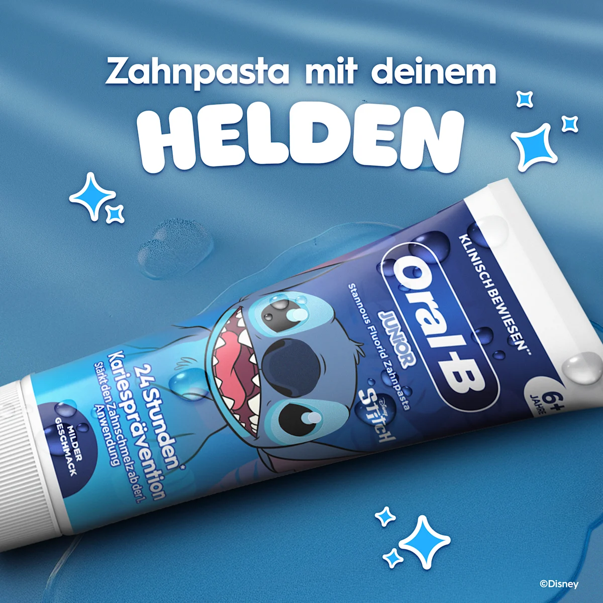 Oral-B Junior Stannous Fluorid Zahnpasta mit Disney Stitch, bietet 24 Stunden Kariesprävention und stärkt den Zahnschmelz.