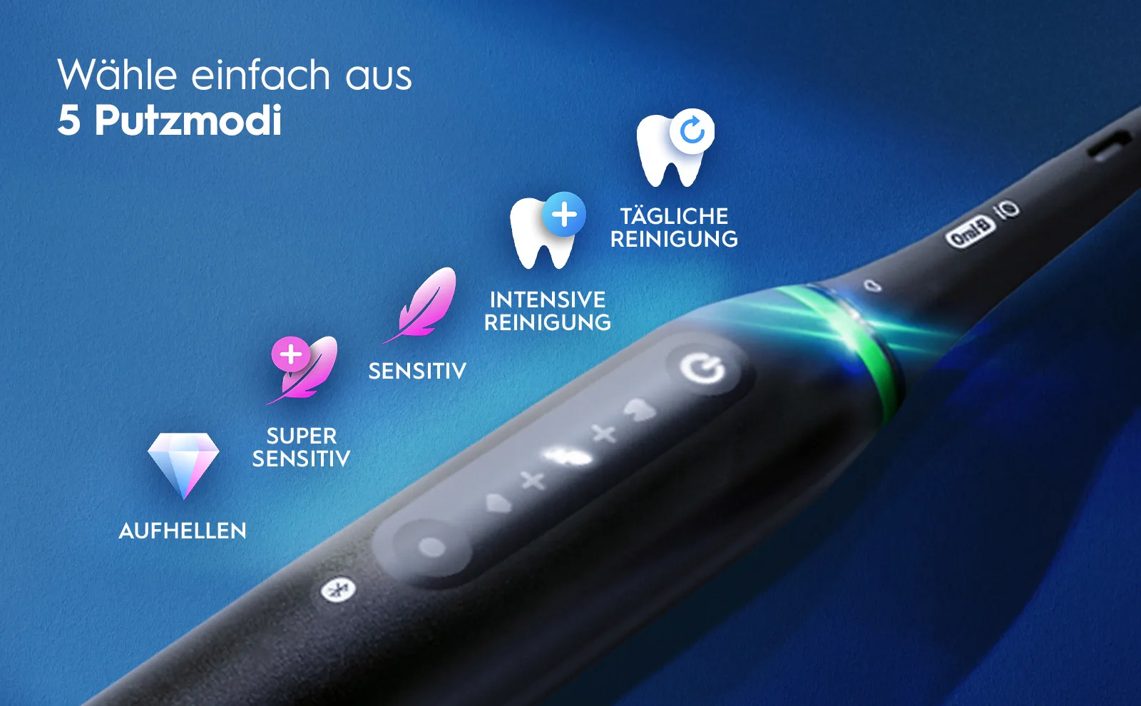 Elektrische Zahnbürste mit 5 Modi: Tägliche Reinigung, Intensiv, Sensitiv, Super Sensitiv, Aufhellen 