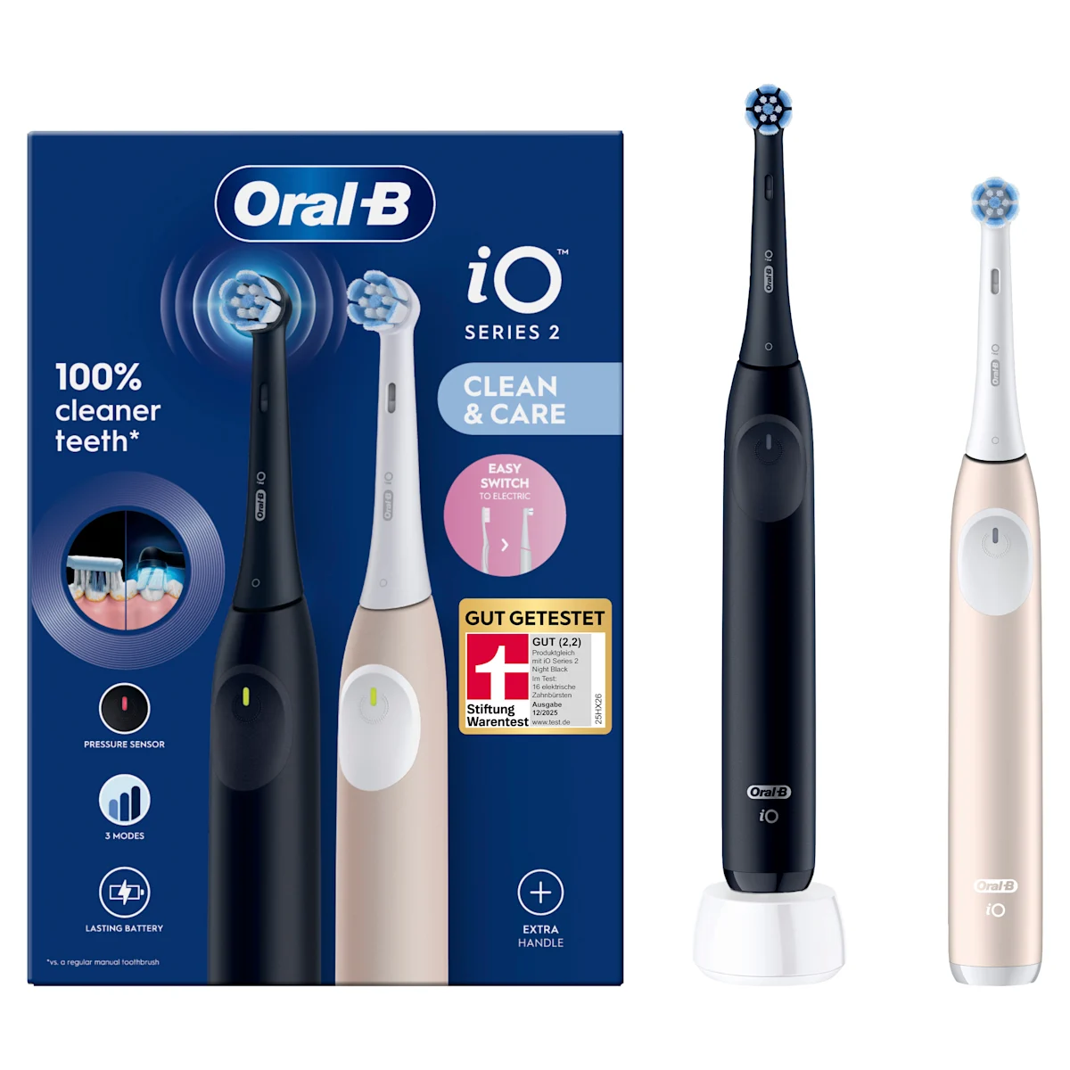 Oral-B iO Series 2 Zahnbürste, Verpackung mit dem Hinweis auf 100% sauberere Zähne im Vergleich zu einer herkömmlichen Handzahnbürste