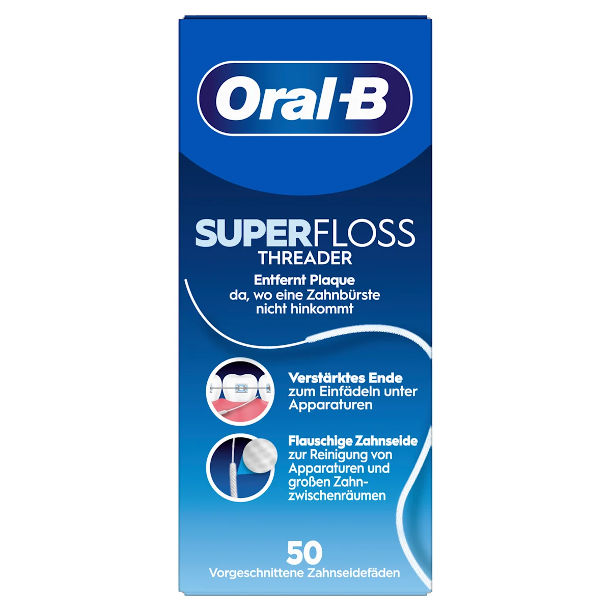 Oral-B Superfloss Threader Verpackung mit dem Hinweis auf 50 vorgeschnittene Zahnseidefäden zur Reinigung von Zahnspangen und unter Brücken.
