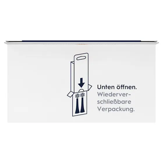 Oral-B iO Aufsteckbürsten-Verpackung, hervorgehoben wird die "Sanfte Reinigung" und dass zwei Bürsten enthalten sind.