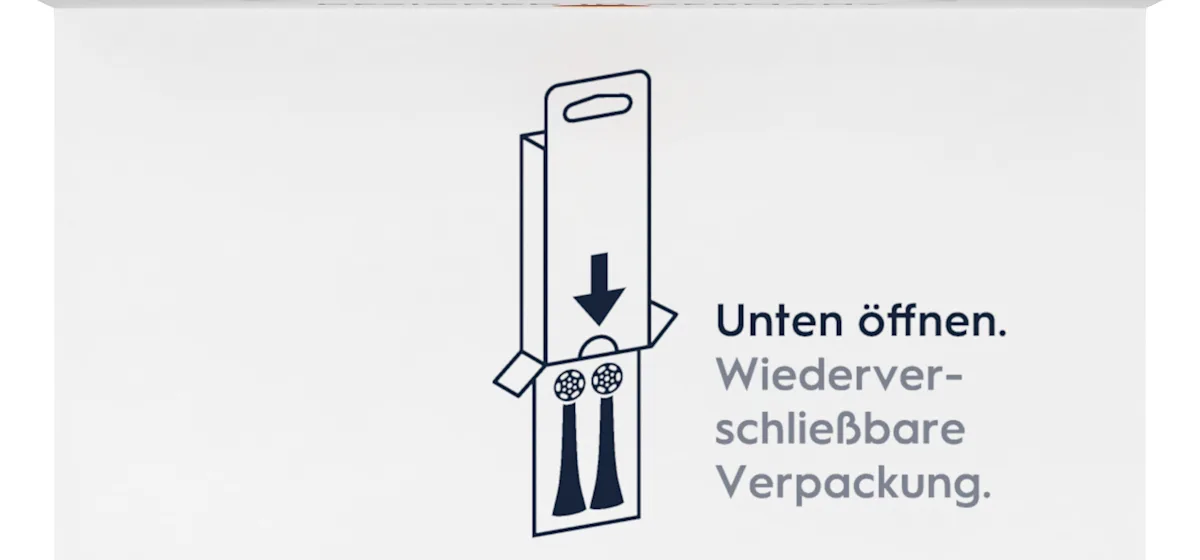Oral-B iO Aufsteckbürsten-Verpackung, hervorgehoben wird die "Sanfte Reinigung" und dass zwei Bürsten enthalten sind.