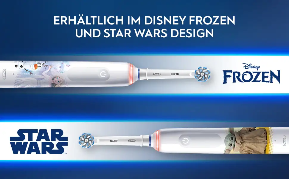 Oral-B Pro Junior 6+ elektrische Zahnbürste erhältlich im Disney Frozen und Star Wars Design. 