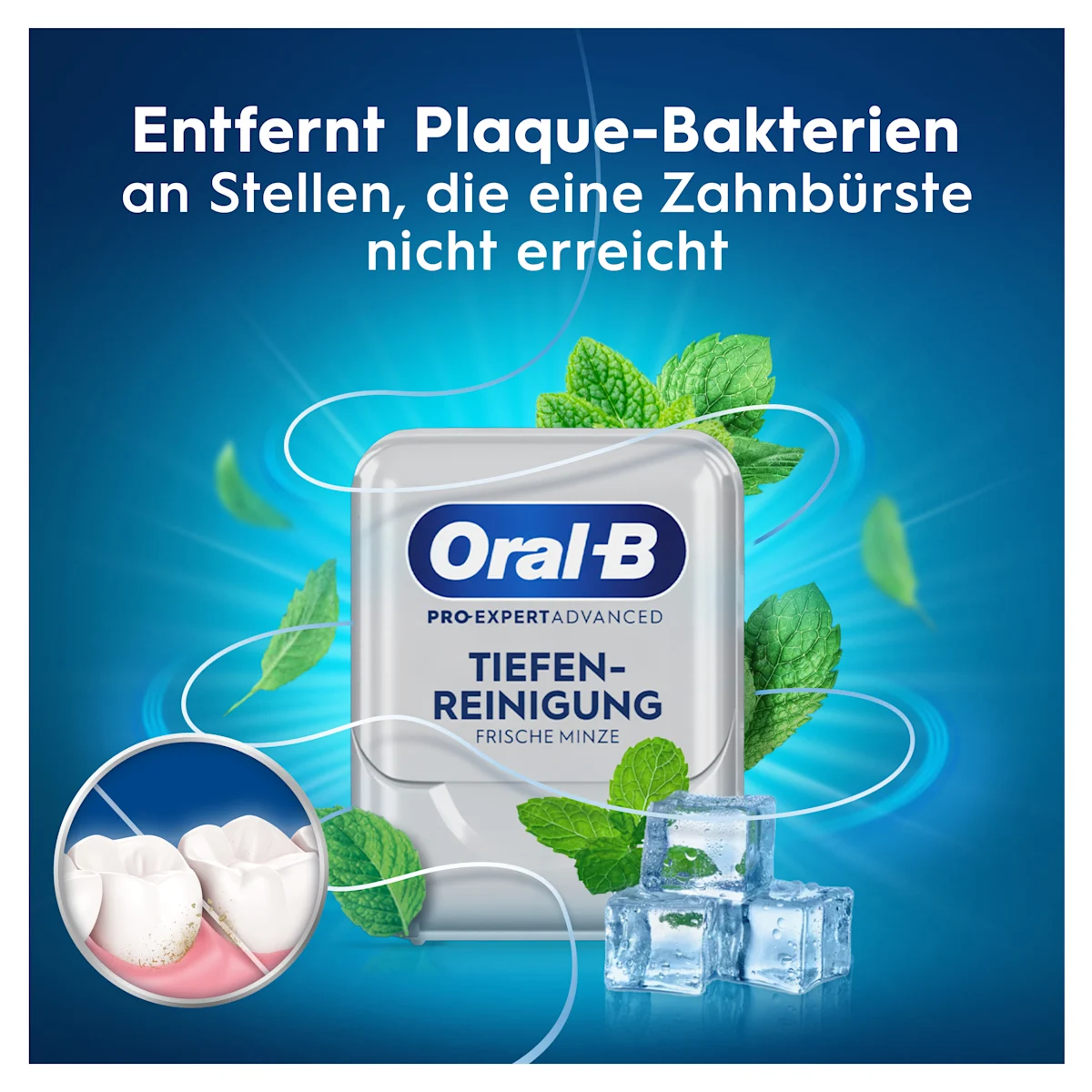 Oral-B Pro-Expert Advanced Zahnseide, Verpackung mit dem Hinweis "Entfernt Plaque-Bakterien" und "Tiefen-Reinigung Frische Minze".