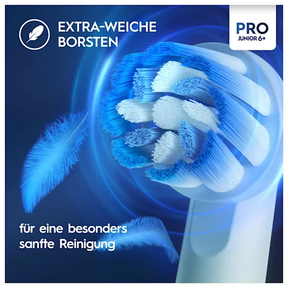 Oral-B PRO Junior 6+ elektrische ZahnbÃ¼rste mit Verpackung, die 3D Reinigung hervorhebt.