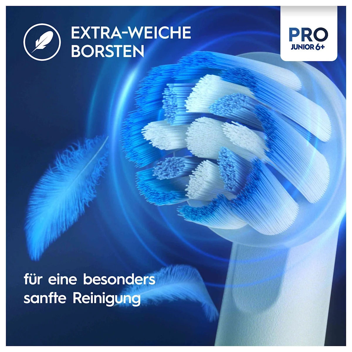 Oral-B PRO Junior 6+ elektrische Zahnbürste mit Verpackung, die 3D Reinigung hervorhebt.