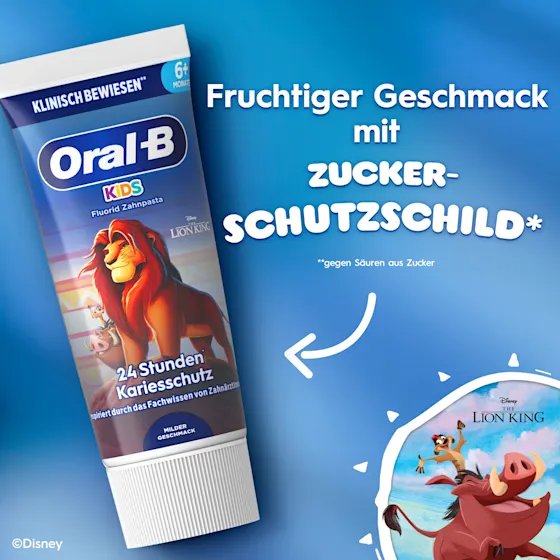 Oral-B Kids Fluorid Zahnpasta, mit 24 Stunden Kariesschutz und Disney Der König der Löwen Motiven.