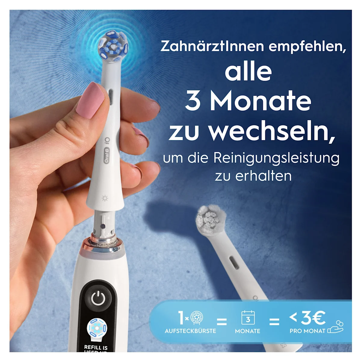 Oral-B iO Aufsteckbürsten, 8 Stück, mit Verpackung die "24 Monate gründliche Reinigung" hervorhebt.