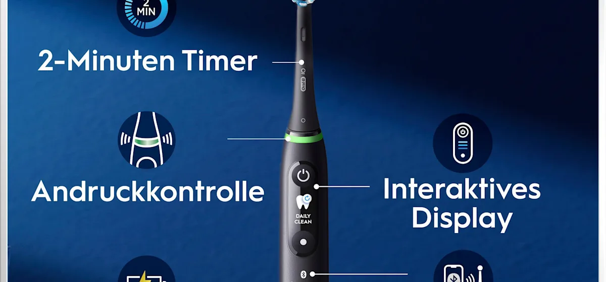 Oral-B iO6 elektrische Zahnbürste mit Verpackung, die geführte Reinigung mit der App hervorhebt, damit keine Stelle ausgelassen wird. Mit Made in Germany Anhänger.