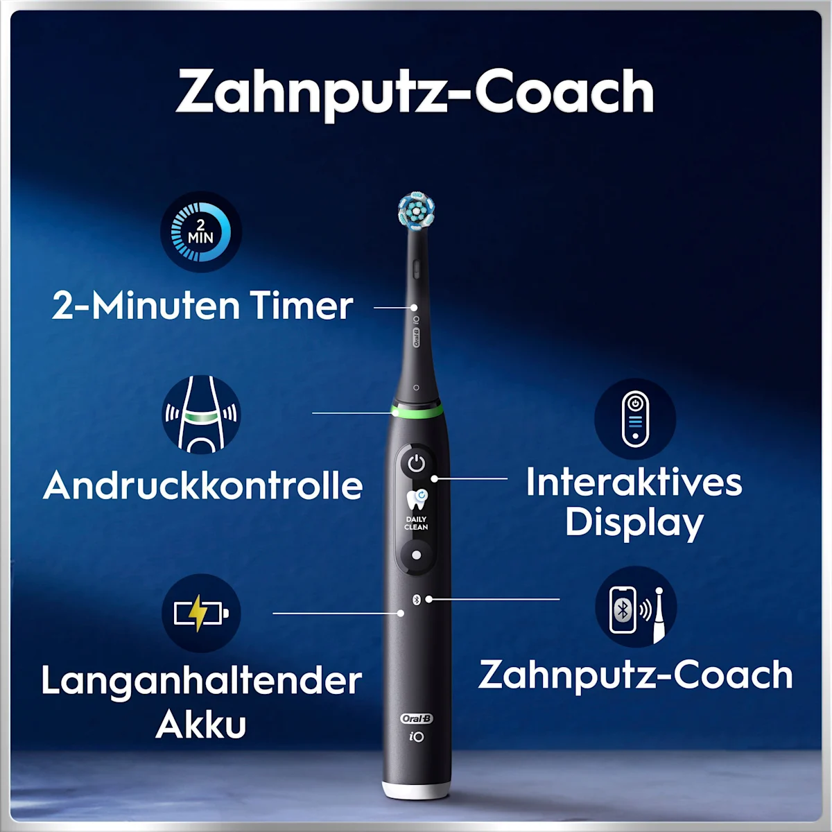 Oral-B iO6 elektrische Zahnbürste mit Verpackung, die geführte Reinigung mit der App hervorhebt, damit keine Stelle ausgelassen wird. Mit Made in Germany Anhänger.