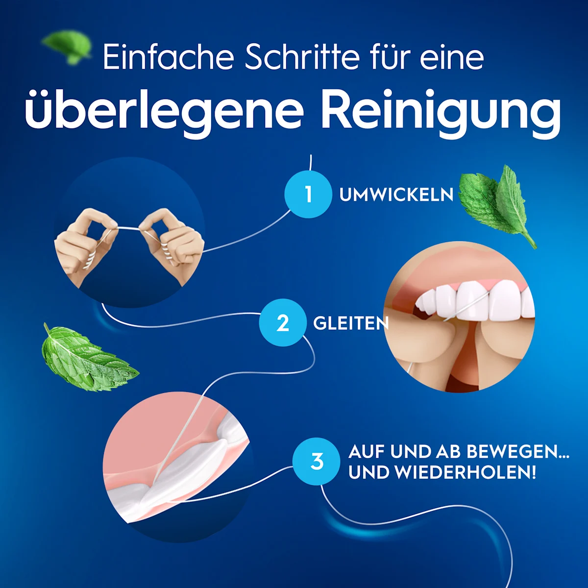 Oral-B Essential Zahnseide Verpackung, die den Hinweis "Entfernt Plaque an Stellen, die eine Zahnbürste nicht erreicht" hervorhebt.
