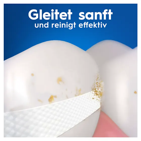 Oral-B Pro-Expert Advanced Zahnseide, Verpackung mit dem Hinweis "Entfernt Plaque-Bakterien" und "Tiefen-Reinigung Frische Minze".