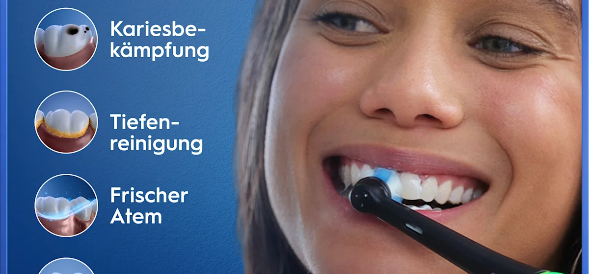 Oral-B iO5 Zahnbürste in Schwarz, zusammen mit Verpackung, Reiseetui und Ladefunktion; mit dem Hinweis Made in Germany.