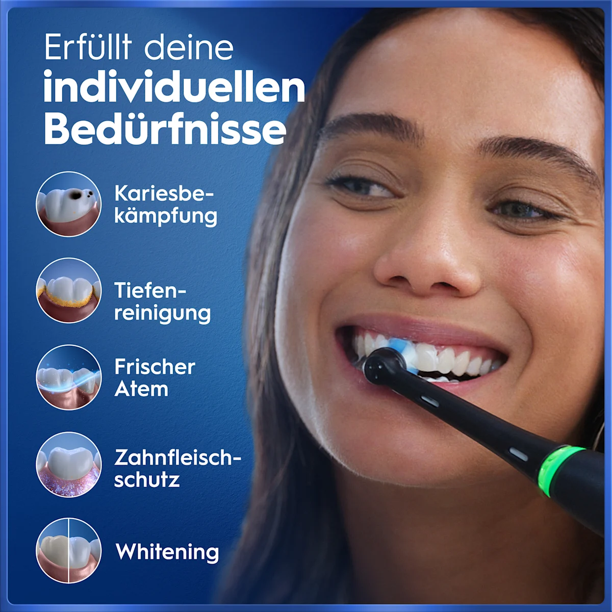 Oral-B iO5 Zahnbürste in Schwarz, zusammen mit Verpackung, Reiseetui und Ladefunktion; mit dem Hinweis Made in Germany.