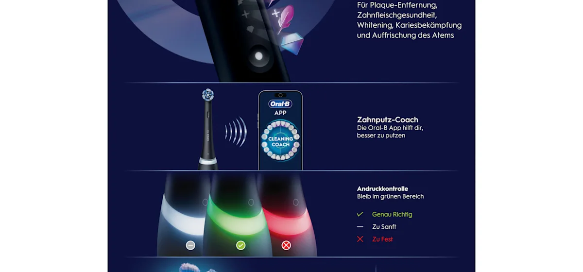 Oral-B iO5 Zahnbürste in Schwarz, zusammen mit Verpackung, Reiseetui und Ladefunktion; mit dem Hinweis Made in Germany.