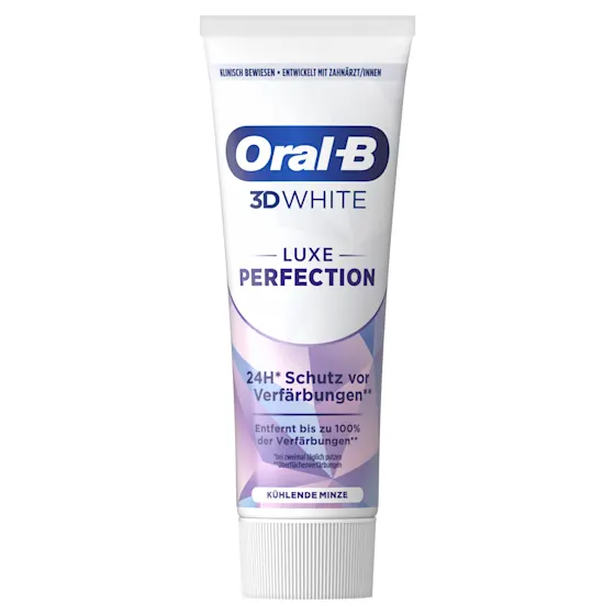 Oral-B 3D White Luxe Perfection Zahnpasta, Tube und Verpackung, mit dem Hinweis "Entfernt bis zu 100% der Verfärbungen".
