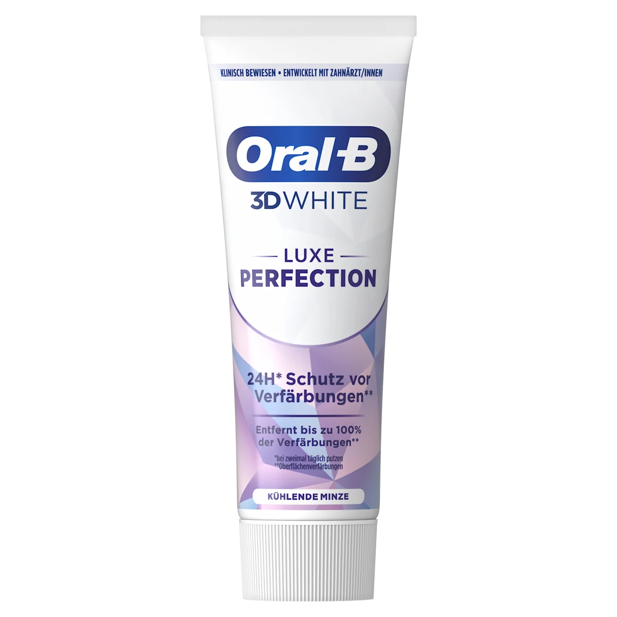 Oral-B 3D White Luxe Perfection Zahnpasta, Tube und Verpackung, mit dem Hinweis "Entfernt bis zu 100% der Verfärbungen".