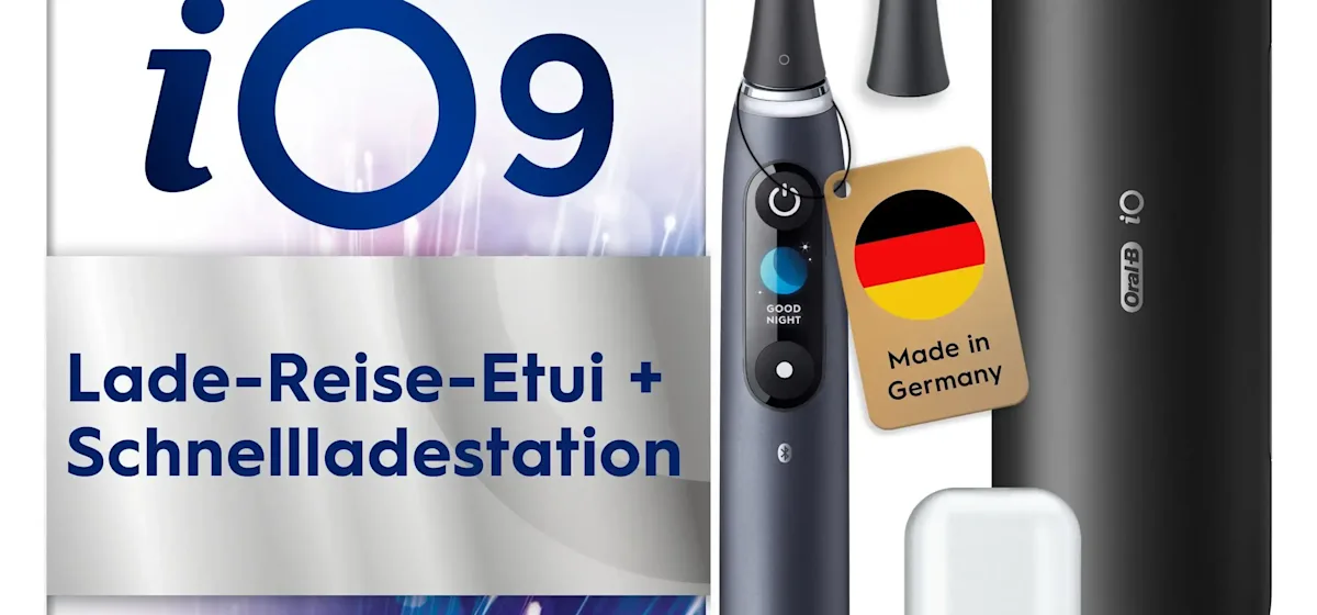 Oral-B iO9 Zahnbürste mit Verpackung, Reise-Etui mit Schnellladestation und „Made in Germany“ Anhänger.