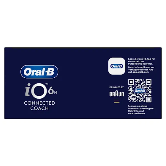 Oral-B iO6 elektrische Zahnbürste mit Verpackung, die geführte Reinigung mit der App hervorhebt, damit keine Stelle ausgelassen wird. Mit Made in Germany Anhänger.