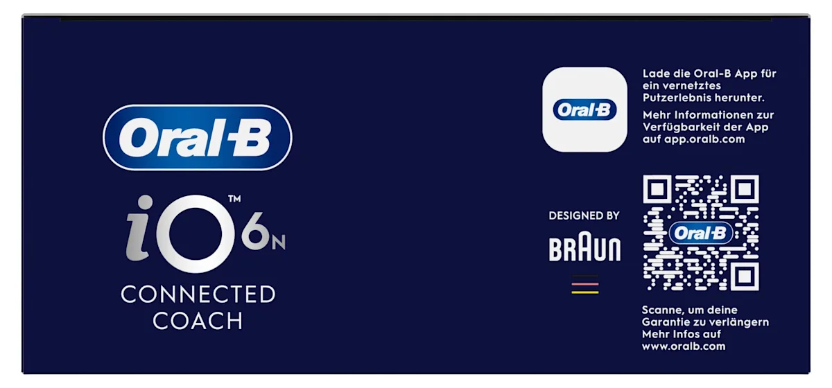 Oral-B iO6 elektrische Zahnbürste mit Verpackung, die geführte Reinigung mit der App hervorhebt, damit keine Stelle ausgelassen wird. Mit Made in Germany Anhänger.