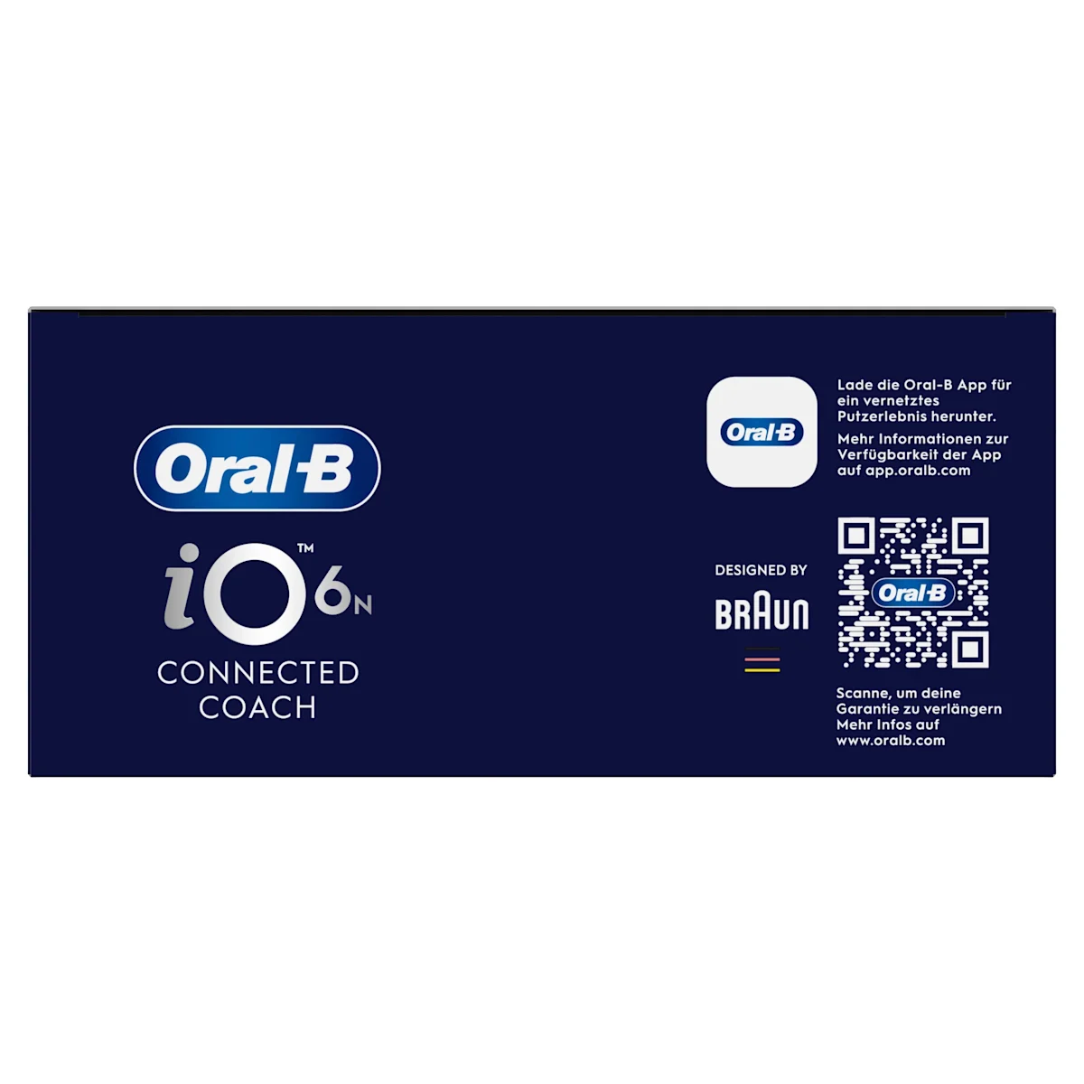 Oral-B iO6 elektrische Zahnbürste mit Verpackung, die geführte Reinigung mit der App hervorhebt, damit keine Stelle ausgelassen wird. Mit Made in Germany Anhänger.