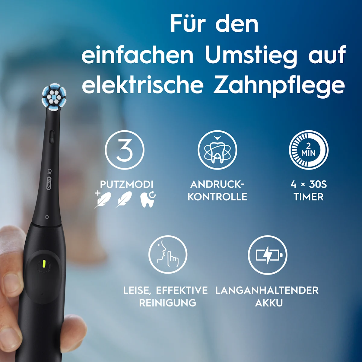 Oral-B iO Series 2 Zahnbürste, Verpackung mit dem Hinweis auf 100% sauberere Zähne im Vergleich zu einer herkömmlichen Handzahnbürste