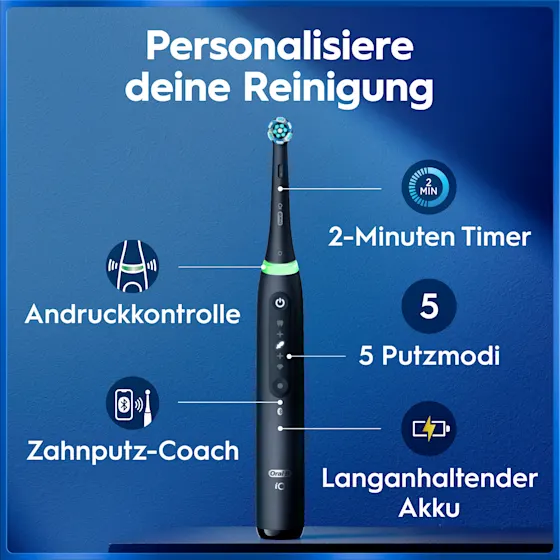 Oral-B iO5 Zahnbürste in Schwarz, zusammen mit Verpackung, Reiseetui und Ladefunktion; mit dem Hinweis Made in Germany.