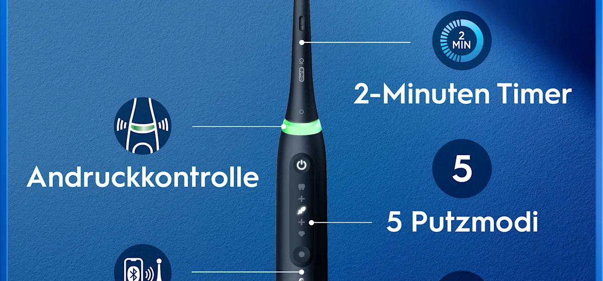 Oral-B iO5 Zahnbürste in Schwarz, zusammen mit Verpackung, Reiseetui und Ladefunktion; mit dem Hinweis Made in Germany.
