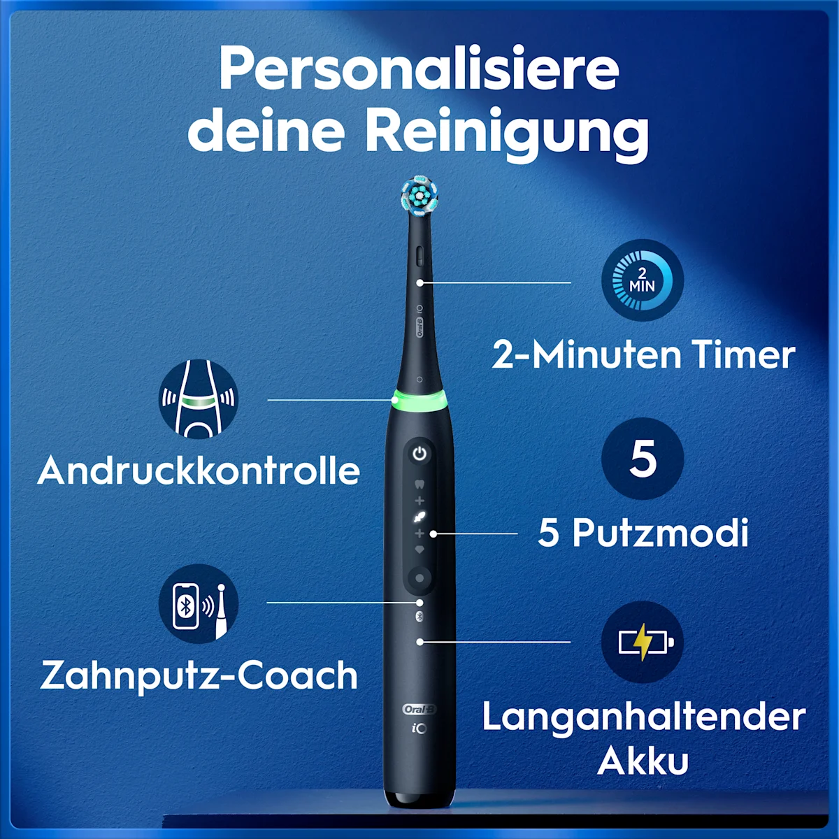 Oral-B iO5 Zahnbürste in Schwarz, zusammen mit Verpackung, Reiseetui und Ladefunktion; mit dem Hinweis Made in Germany.