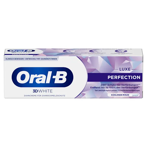 Oral-B 3D White Luxe Perfection Zahnpasta, Tube und Verpackung, mit dem Hinweis "Entfernt bis zu 100% der Verfärbungen".