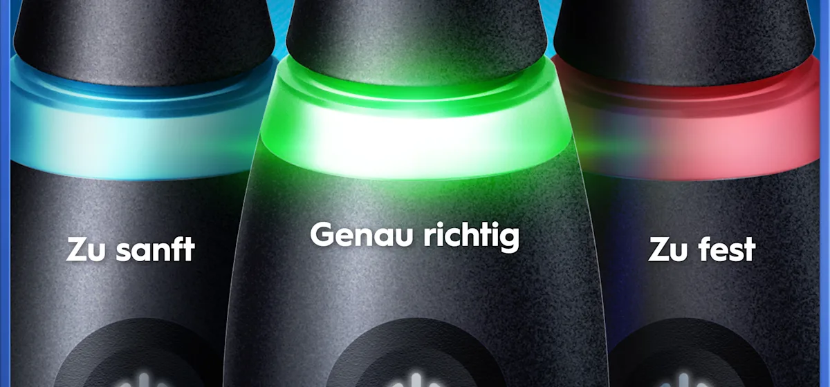Oral-B iO5 Zahnbürste in Schwarz, zusammen mit Verpackung, Reiseetui und Ladefunktion; mit dem Hinweis Made in Germany.