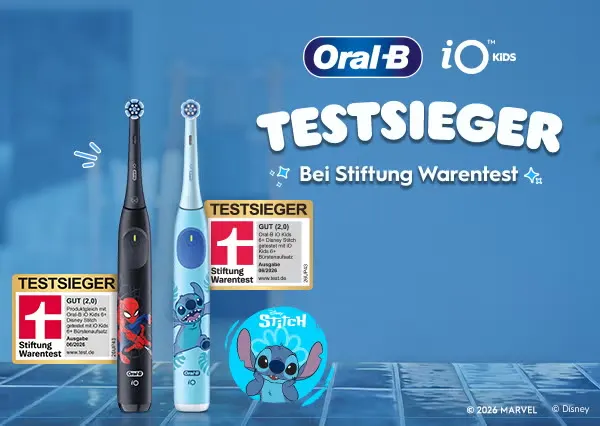Oral-B iO Kids TESTSIEGER Bei Stiftung Warentest TESTSIEGER Stiftung Warentest GUT (2,0) Oral-B iO Kids Disney Mickey & Friends 03/2024 TESTSIEGER Stiftung Warentest GUT (2,0) Oral-B iO Kids Disney Stitch 03/2024 Disney Stitch © 2026 MARVEL © Disney