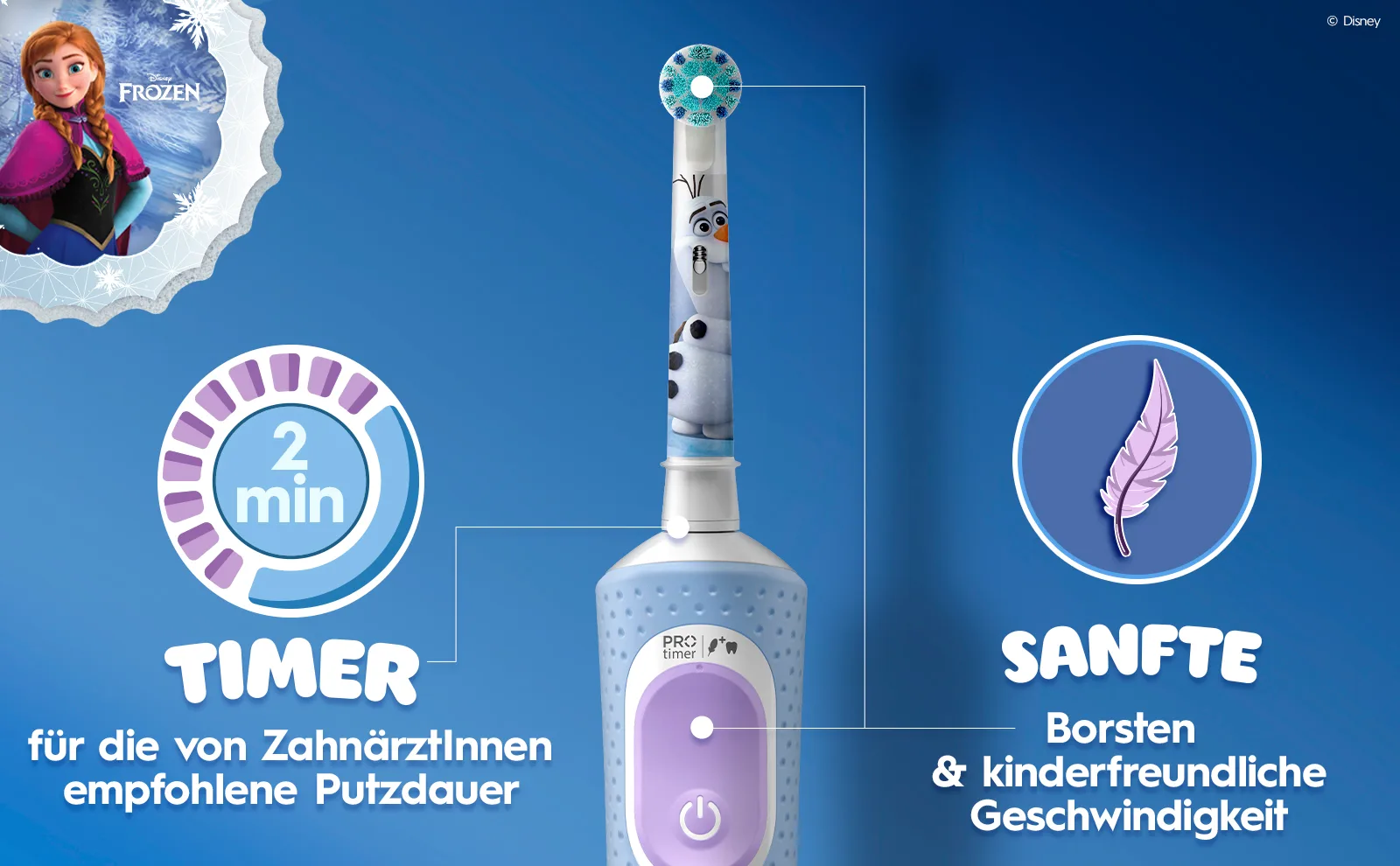 Oral-B Pro Kids Frozen Elektrische Zahnbürste inkl. 1 Aufsteckbürste, 4x Frozen Sticker, 2 Modi mit kinderfreundlichem Sensitiv Plus Modus, für Kinder ab 3 Jahren 
