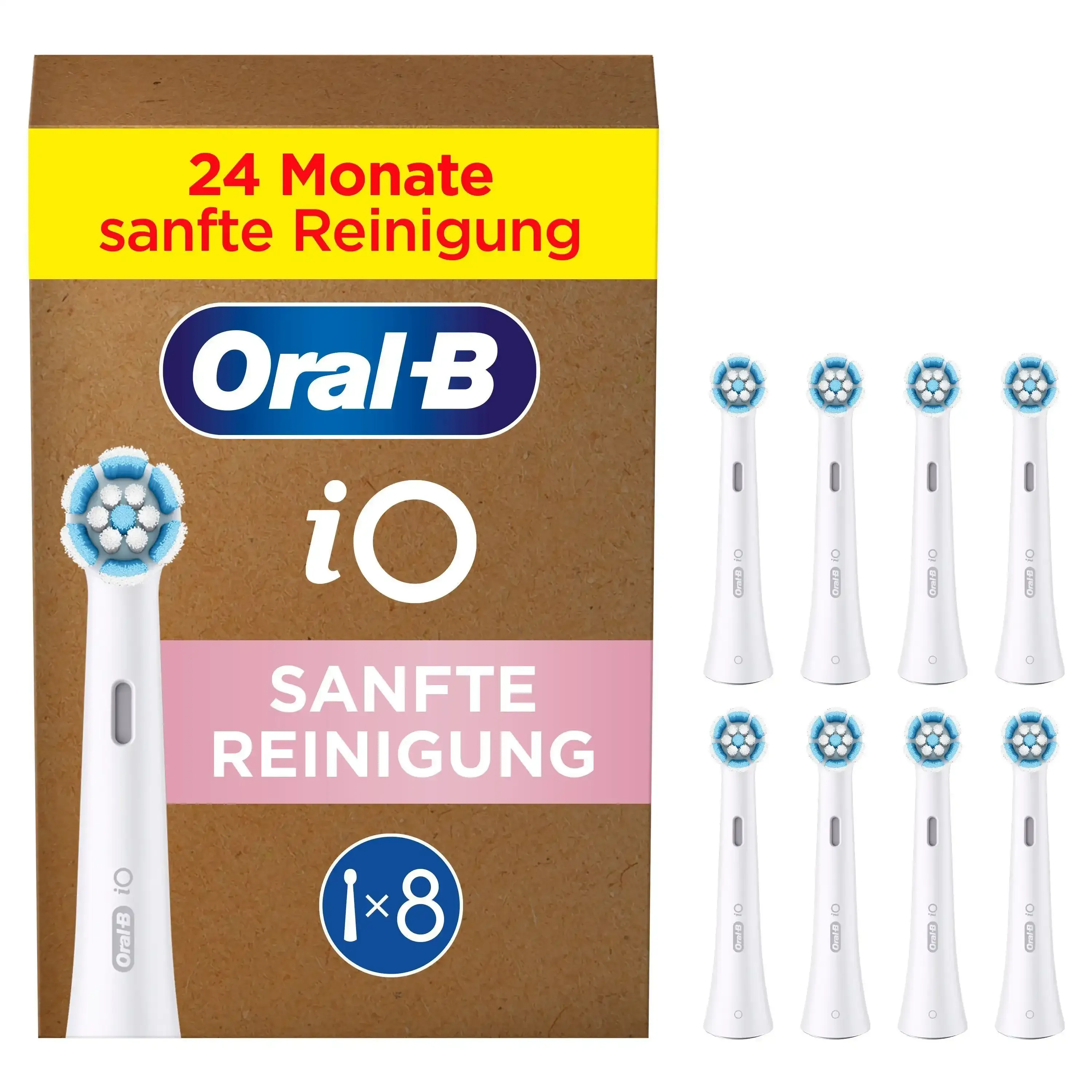 Oral-B iO Aufsteckbürsten, 8 Stück, mit Verpackung, die "24 Monate sanfte Reinigung" hervorhebt.