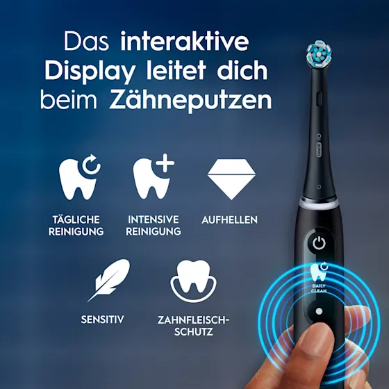 Oral-B iO 6 Zahnbürsten-Duo mit interaktivem Display für angeleitetes Putzen und dem Hinweis "Made in Germany".