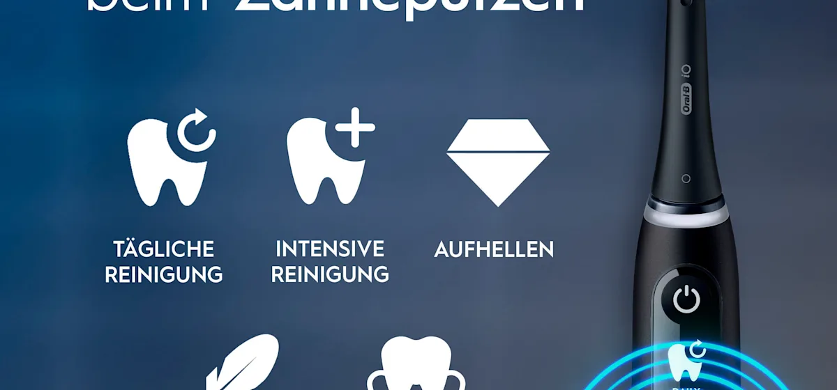 Oral-B iO 6 Zahnbürsten-Duo mit interaktivem Display für angeleitetes Putzen und dem Hinweis "Made in Germany".