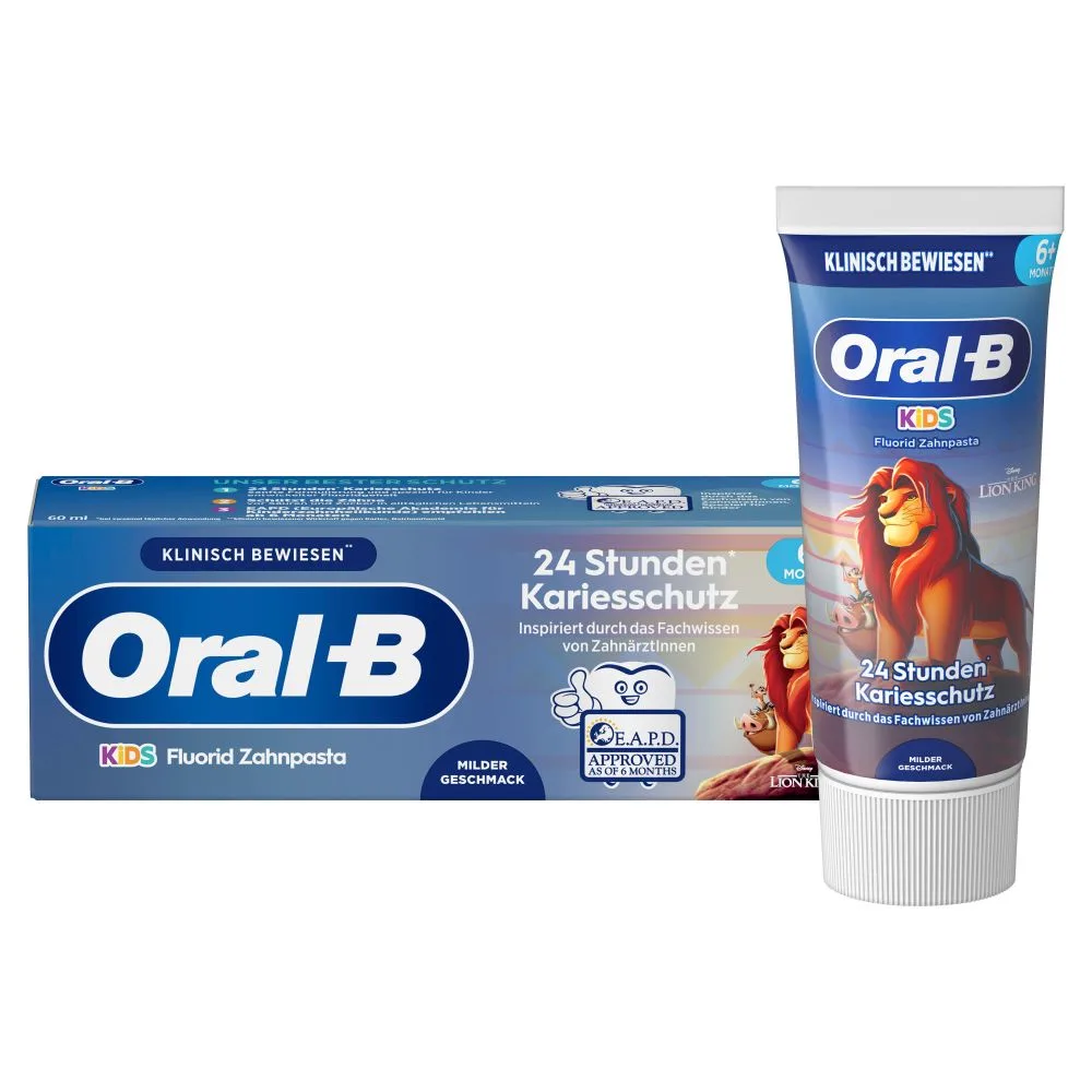 Oral-B Kids Fluorid Zahnpasta, mit 24 Stunden Kariesschutz und Disney Der König der Löwen Motiven.