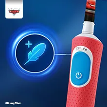 Aufnahme eines Handstücks mit Symbol daneben, um die 2 Putzmodi der Zahnbürste zu zeigen. 