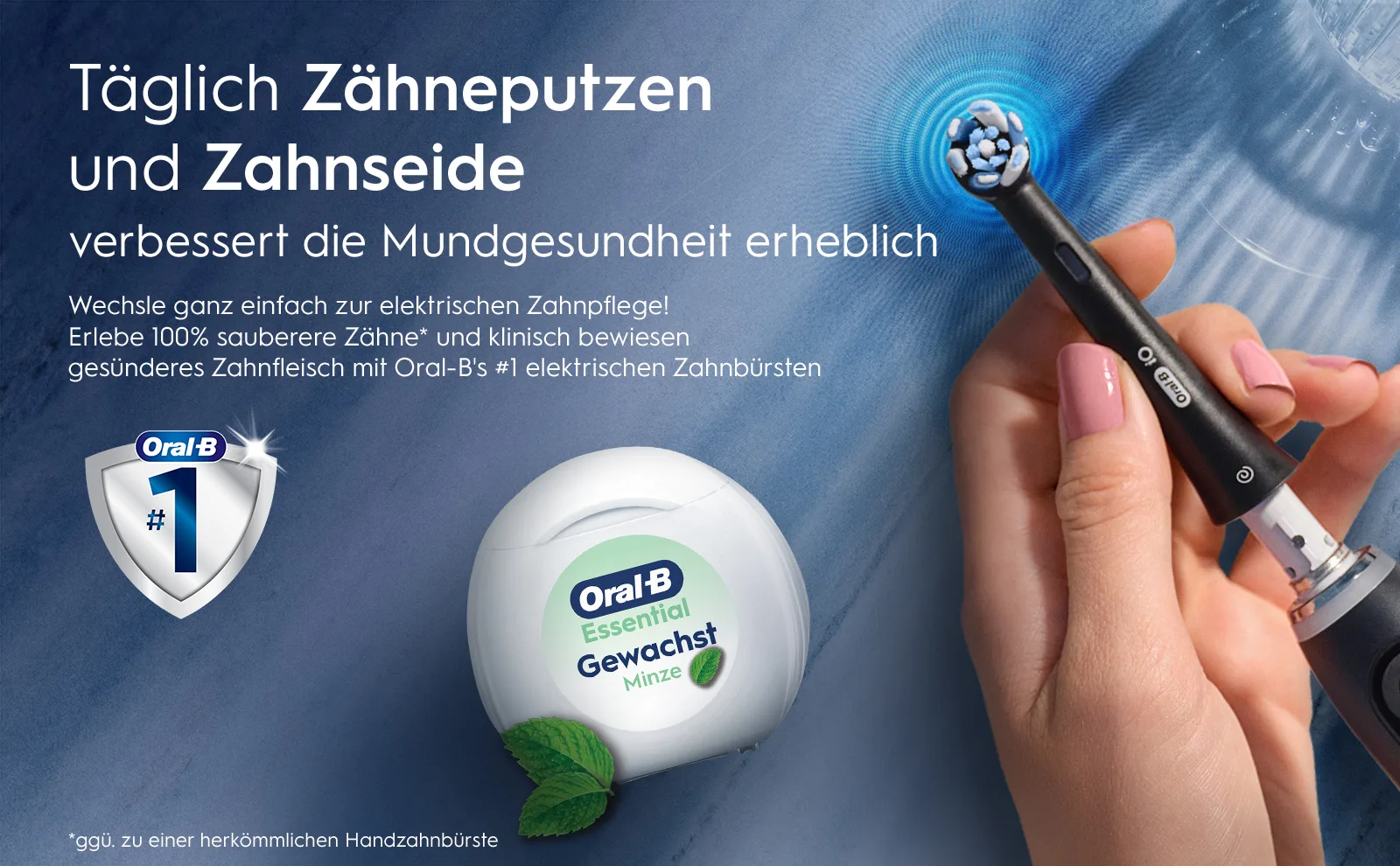 Visualisierung eines Badezimmers, in dem eine Hand eine Aufsteckbürste auf eine Oral-B iO Zahnbürste aufsetzt, während im Hintergrund Zahnseide zu sehen ist. 
