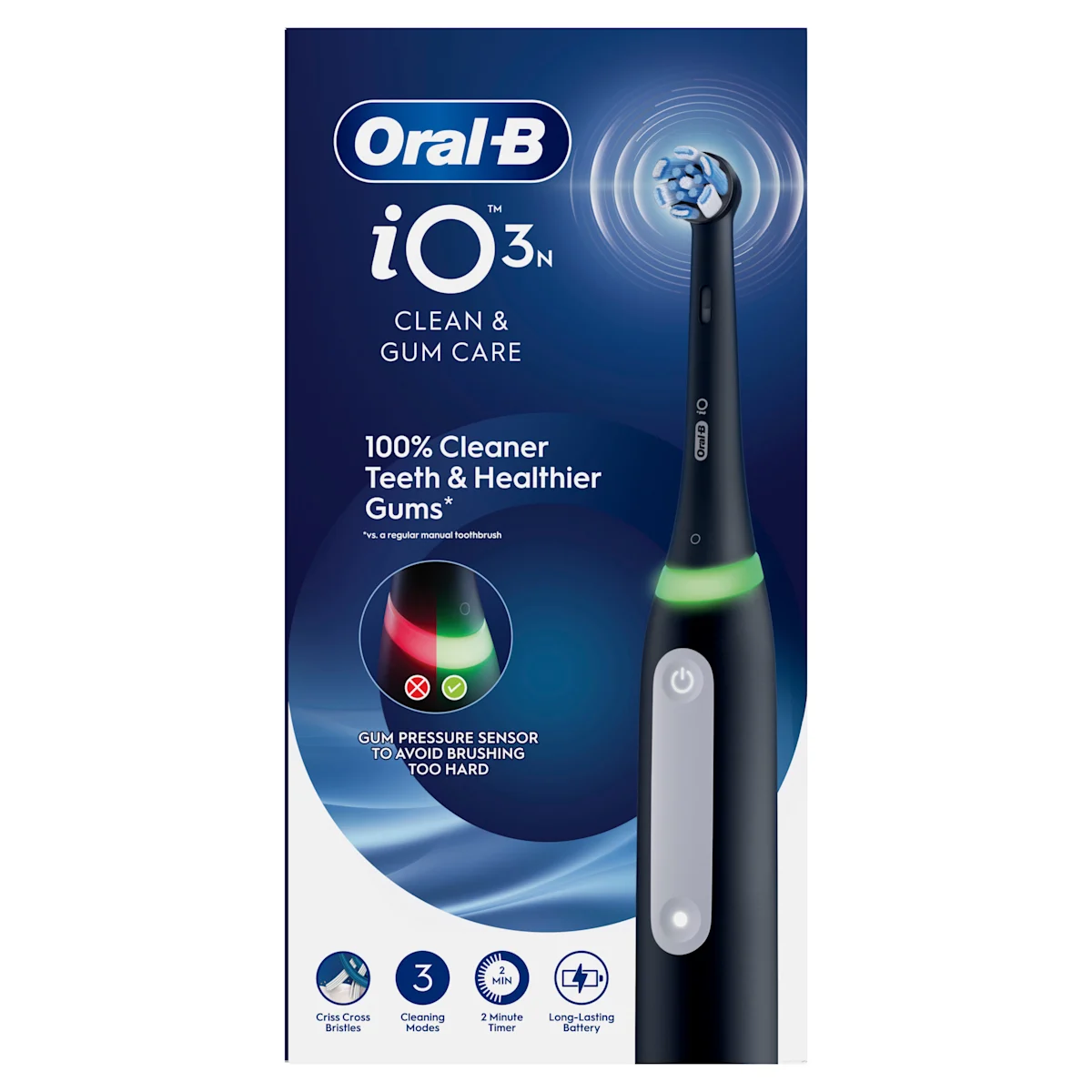 Oral-B iO3 elektrische Zahnbürste mit Verpackung, die die 360° visuelle Andruckkontrolle zur Schonung des Zahnfleisches hervorhebt. Mit Made in Germany Anhänger.