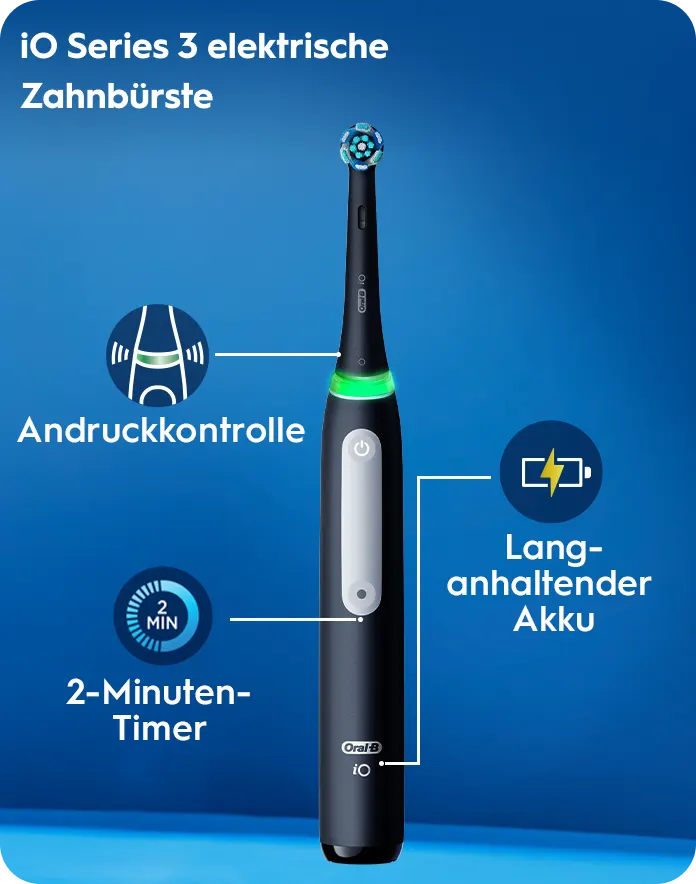 Oral-B iO Series 3 electric toothbrush with gentle care brush head, gum pressure sensor, long-lasting battery, and a 2-minute timer.