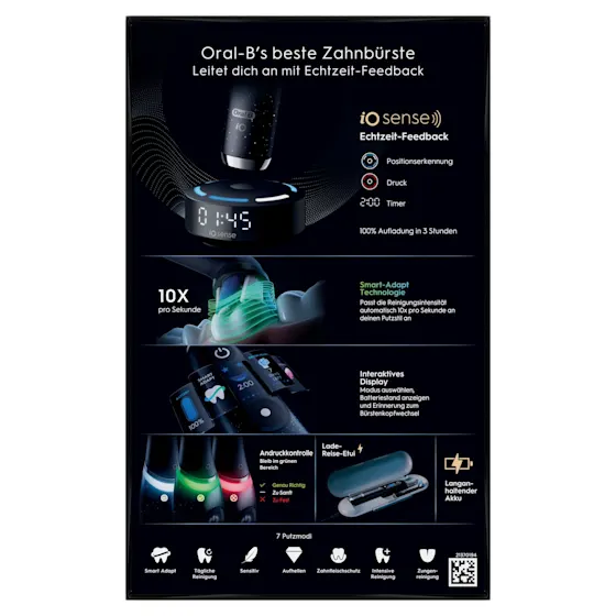 Oral-B iO 10 Ultimate Zahnbürste, mit Verpackung, Lade-Reise-Etui und dem Hinweis Oral-B's beste Zahnbürste.